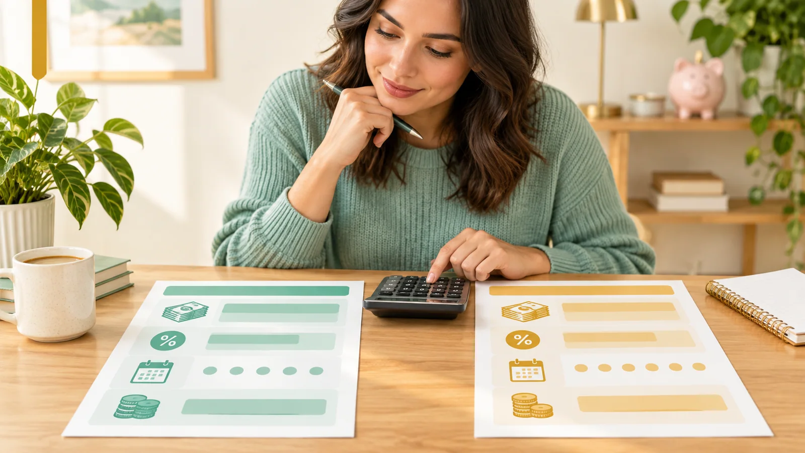 A consumer compares loan disclosures with a calculator and payment calendar.